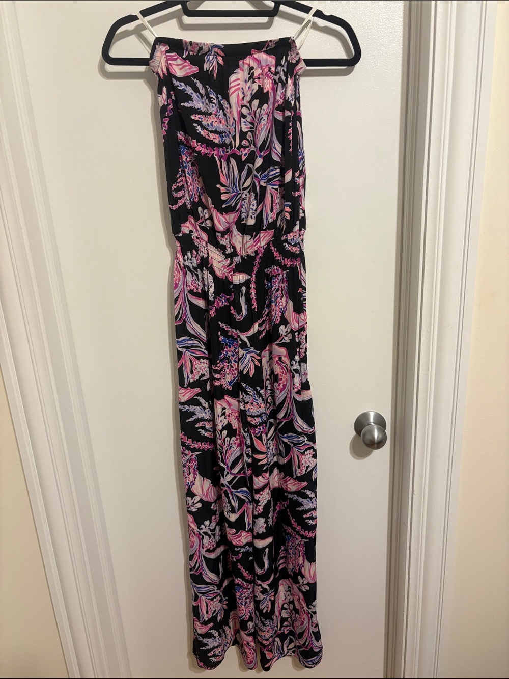 Lilly Pulitzer Black Jumpsuit with Pink & Lavender Floral Print